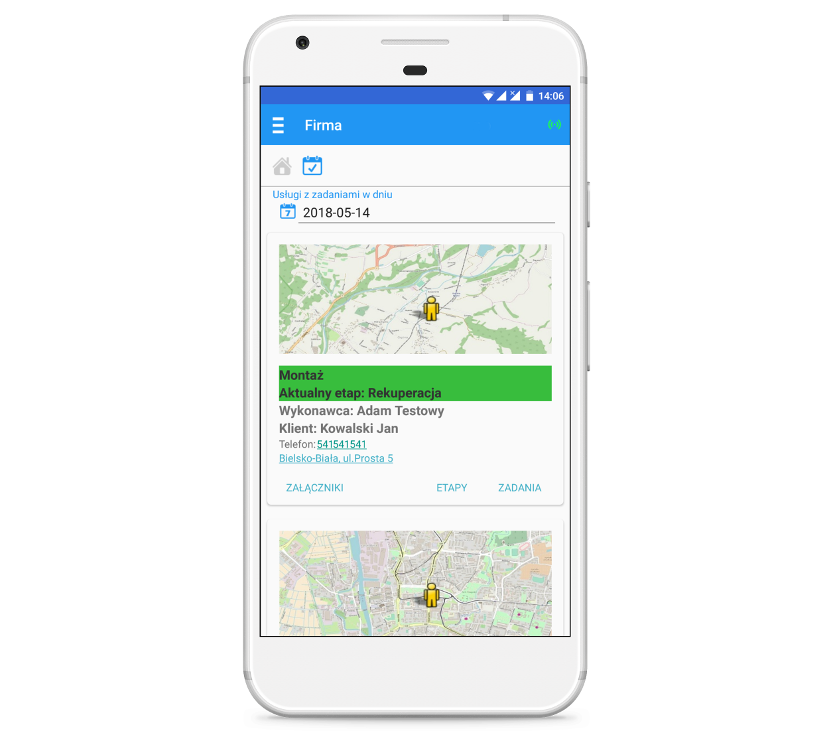 Widok aplikacji mobilnej z zaplanowanymi usługami na bieżący dzień